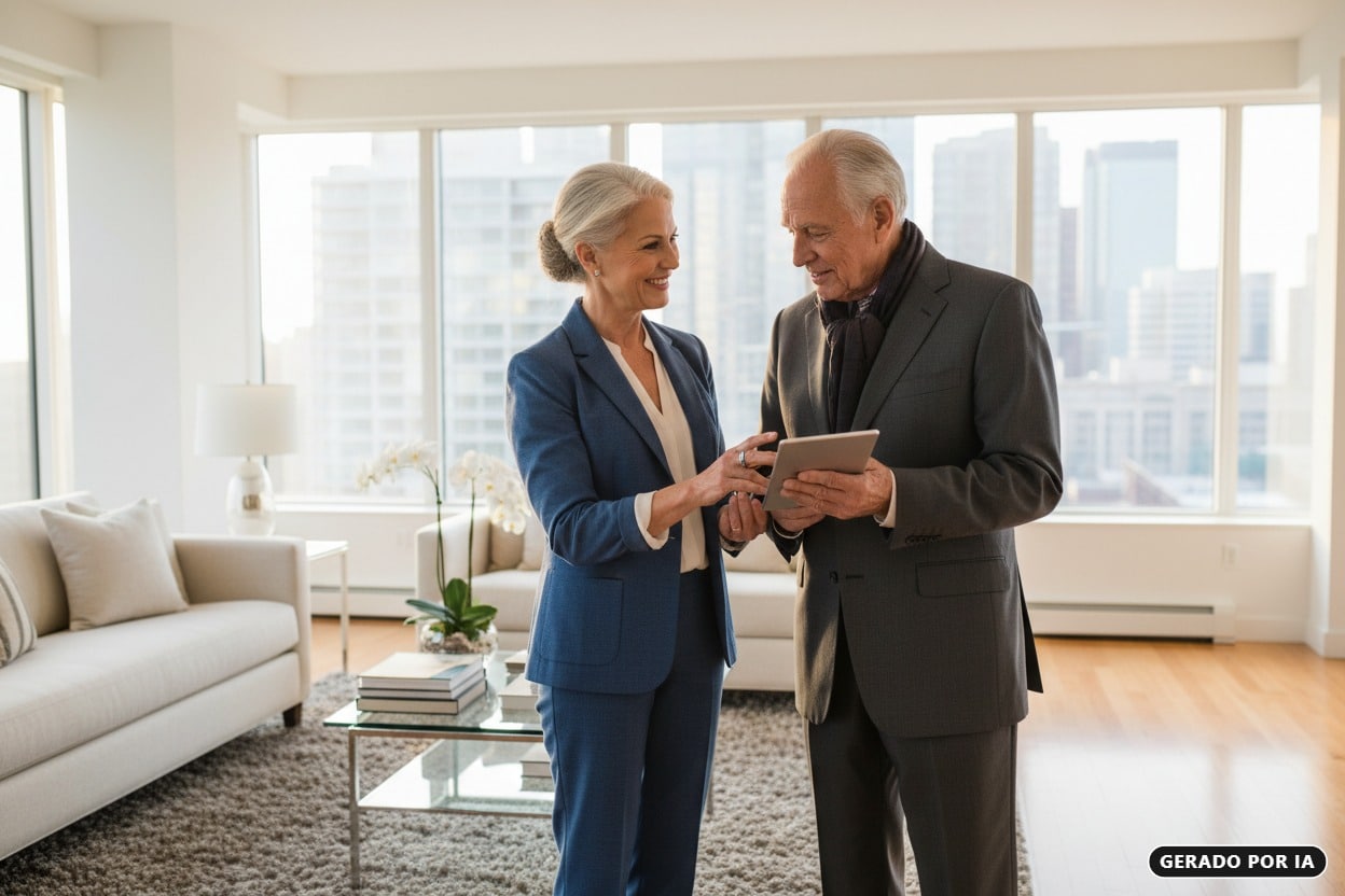 Gerado por IA: Um casal de profissionais seniores em fato formal conversa enquanto olha para um tablet numa sala de estar moderna com vista para a cidade.