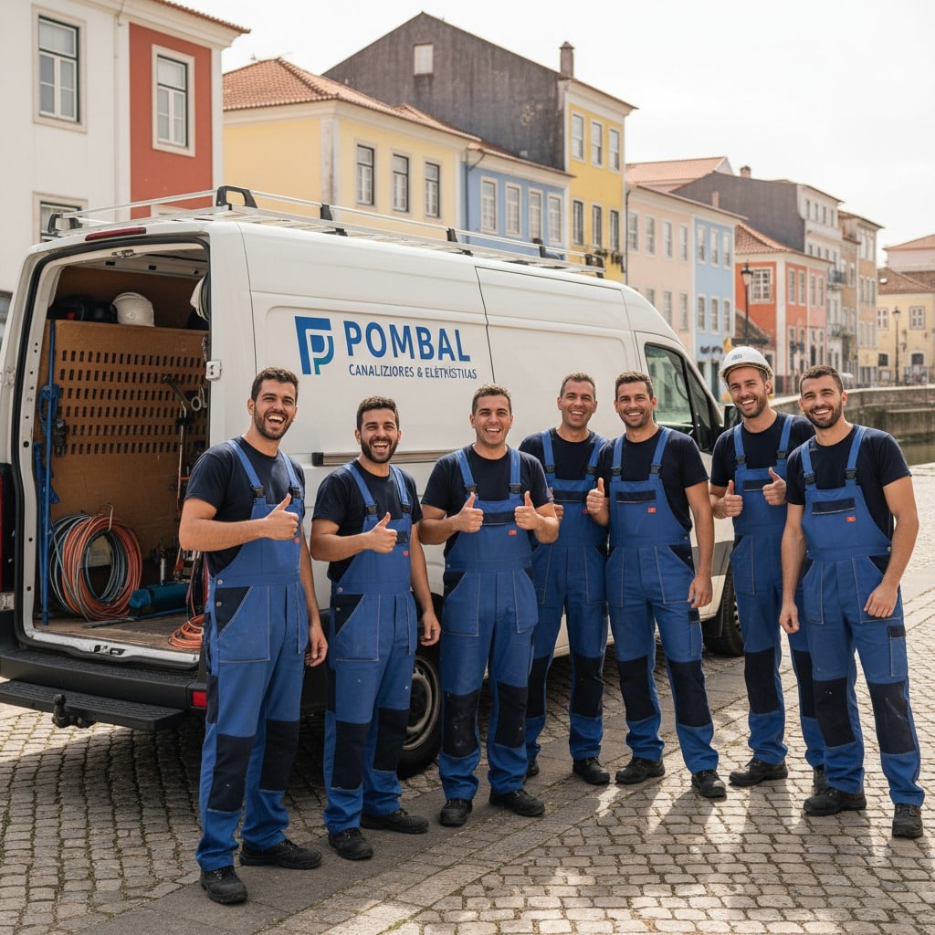 Seis técnicos sorridentes em macacões azuis posam em frente a uma carrinha de trabalho branca, numa rua com edifícios tradicionais ao fundo.
