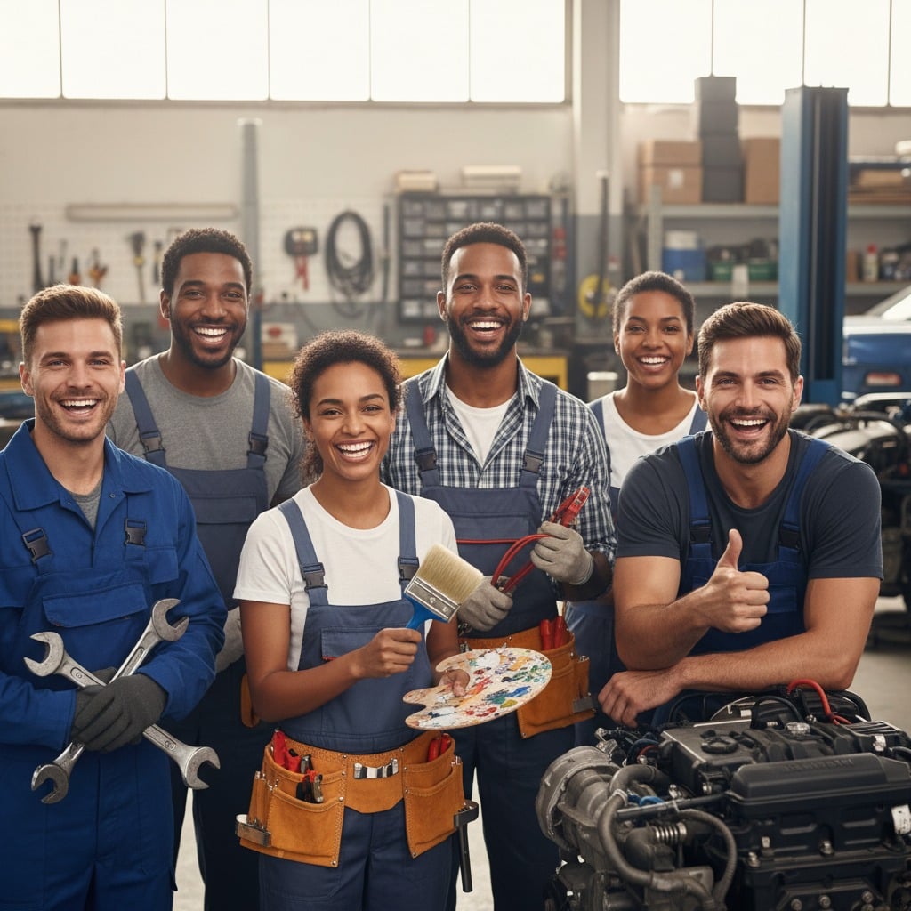 Uma equipa diversificada de seis mecânicos sorri para a câmara numa oficina bem iluminada, com ferramentas e um motor em primeiro plano.