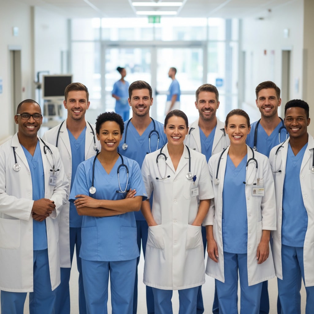 Um grupo diversificado de oito profissionais de saúde sorri para a câmara num corredor de hospital.